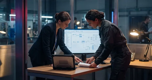 Eine IT-Sicherheitsberaterin und eine Systemtechnikerin analysieren Netzwerk- und Systemarchitekturen an einer Workstation im Kontrollraum.
