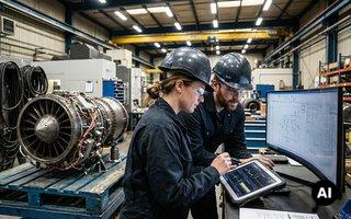 Zwei Projektingenieure mit Schutzhelmen analysieren Triebwerksdaten auf einem Tablet und einem Monitor in einer Fertigungshalle.