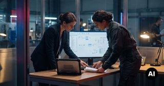 Eine IT-Sicherheitsberaterin und eine Systemtechnikerin analysieren Netzwerk- und Systemarchitekturen an einer Workstation im Kontrollraum.